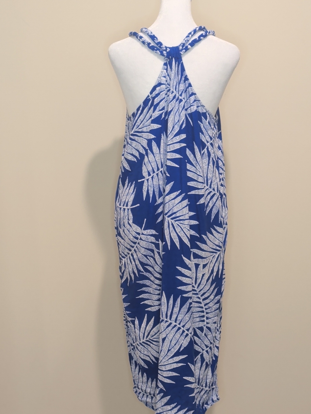 Blue and white Palm-Print V-Neck Midi Dress with Braided Straps - Picture 7 of 11